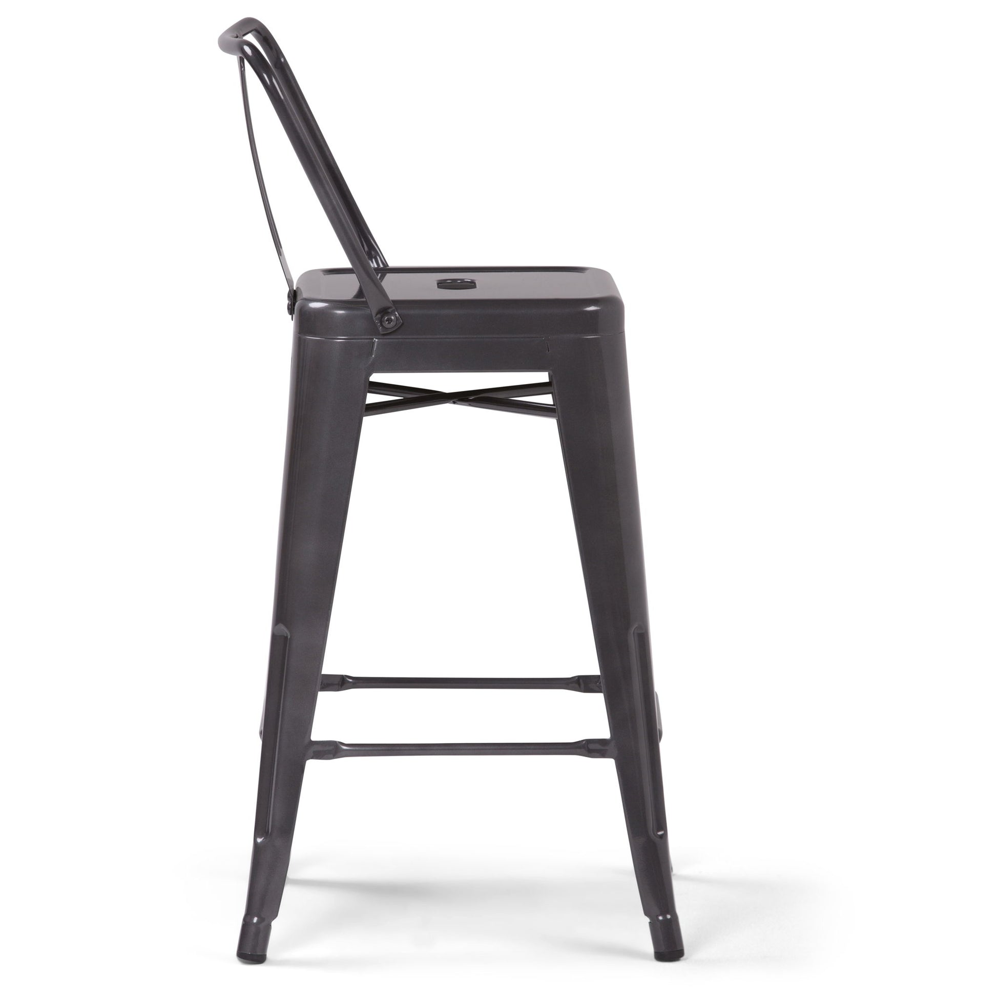 The Rayne - Curved Back Metal Stool (Set of 2) features tall, dark gray metal construction with a square seat, slim legs, low backrest, and bottom support bar, shown from the side against a white background.