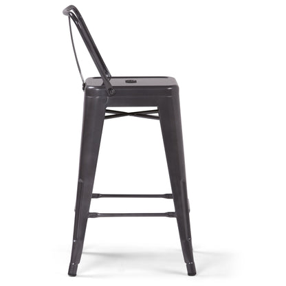 The Rayne - Curved Back Metal Stool (Set of 2) features tall, dark gray metal construction with a square seat, slim legs, low backrest, and bottom support bar, shown from the side against a white background.