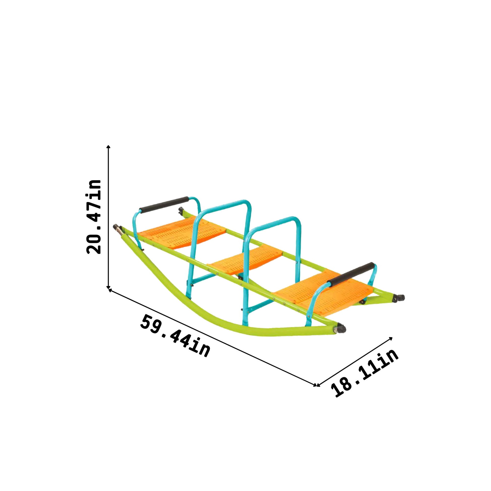 The Xss008 seesaw features a colorful design with green and blue plastic seats, sturdy steel tube construction, and is perfect for kids age 3+. Dimensions: 20.47"H x 59.44"L x 18.11"W—ideal outdoor playground equipment for toddlers.