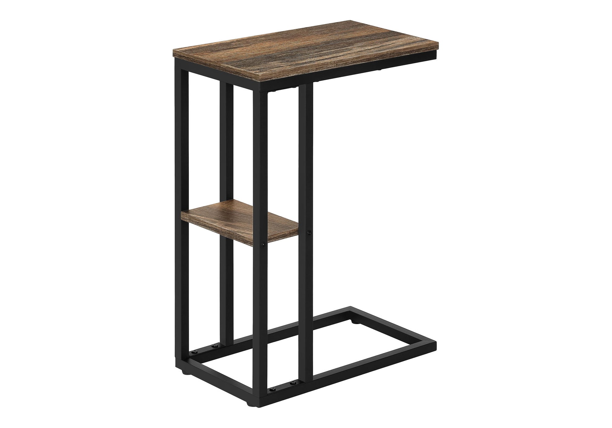 The Accent Table C-Shaped, Contemporary & Modern features a black metal frame, wood-grain top and lower shelf, and a C-shaped design that lets it slide under sofas or chairs for added convenience.