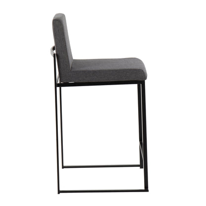 Side view of the Fuji - Contemporary Modern Elegance High Back Counter Stool, featuring a dark gray upholstered seat and backrest on a minimalist black metal frame and legs.