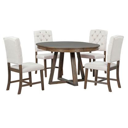 The Retro Functional Dining Set features a round table with a leaf and four upholstered chairs, combining tufted backs and wooden legs for a modern rustic look—perfect for your dining or living room.