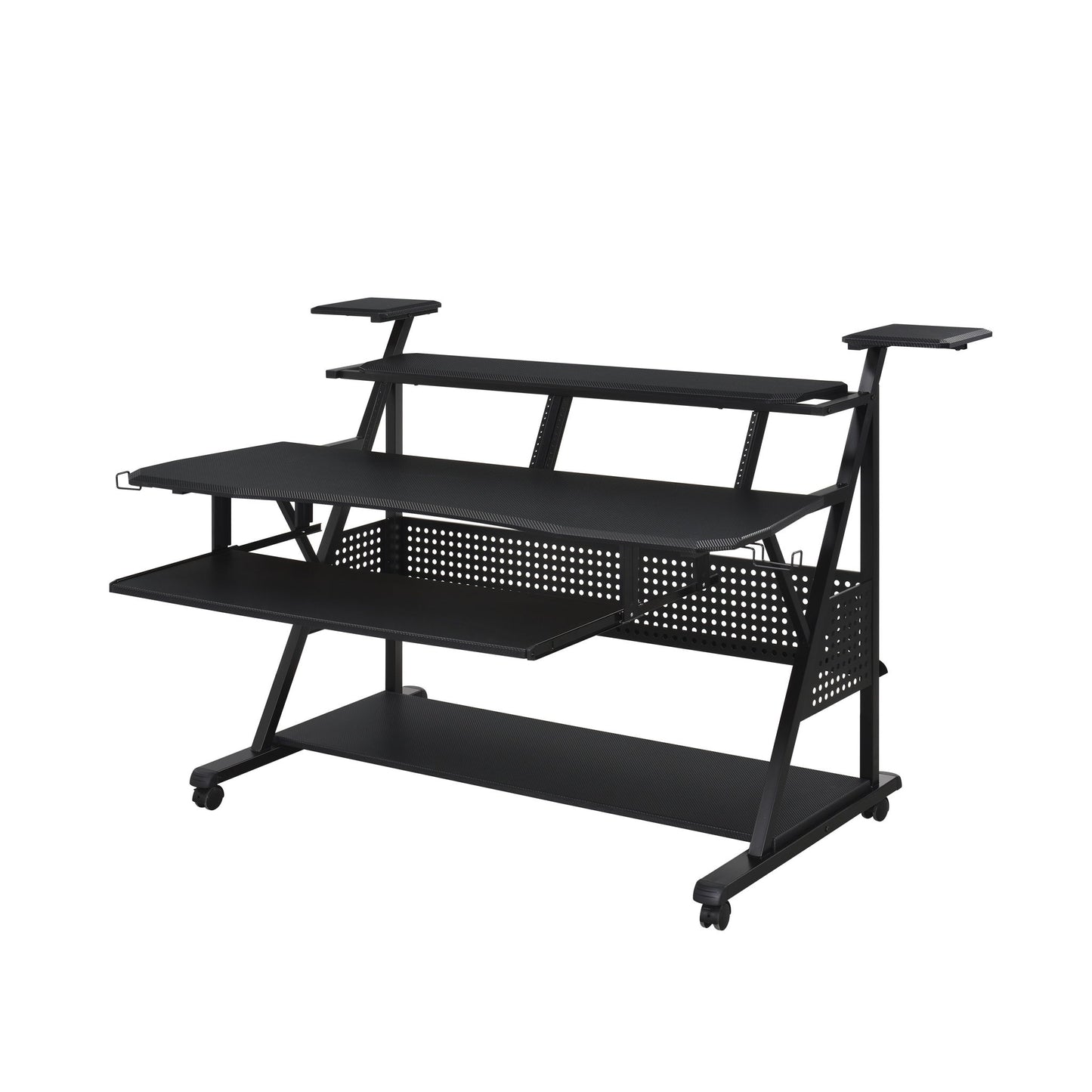The Willow - Versatile Music Desk is a black, multi-tiered workstation with shelves, a pullout tray, perforated panel, and raised monitor stands—perfect for organizing your computer and office gear.