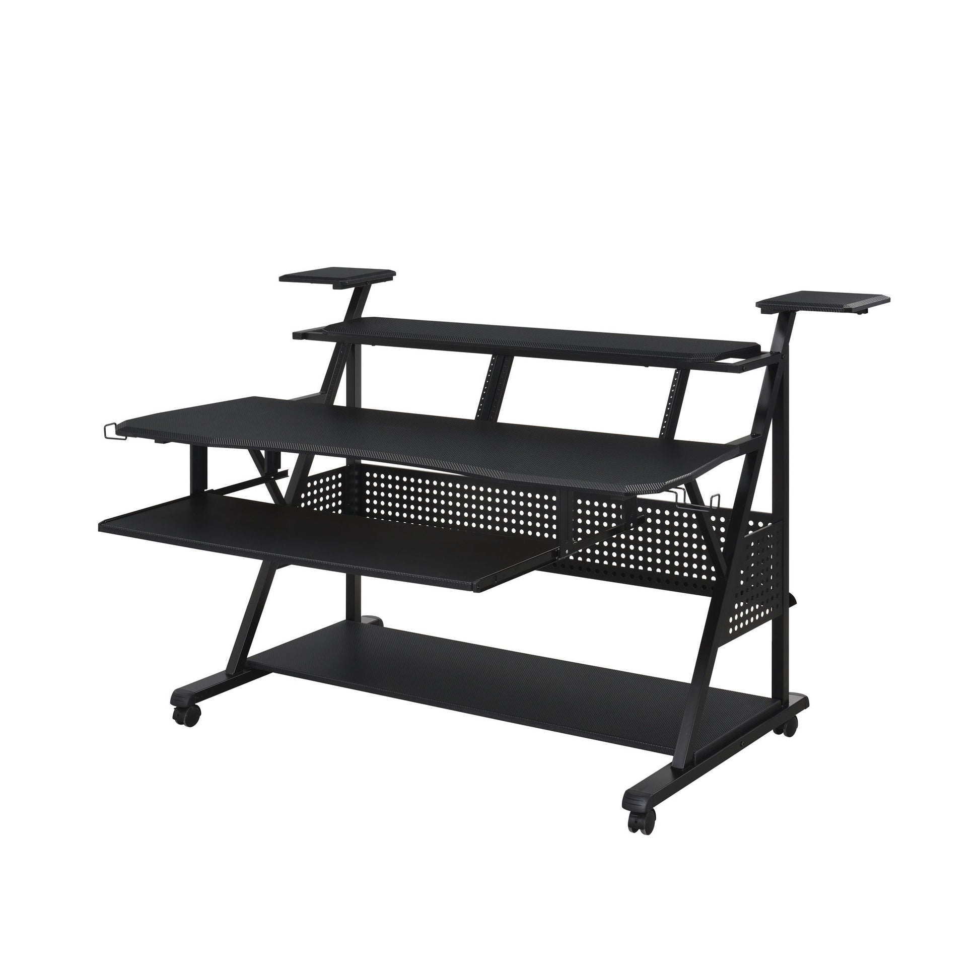 The Willow - Versatile Music Desk is a black, multi-tiered workstation with shelves, a pullout tray, perforated panel, and raised monitor stands—perfect for organizing your computer and office gear.