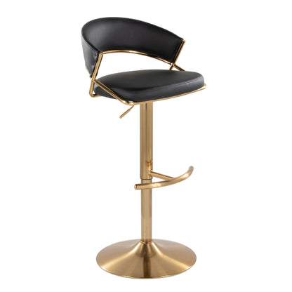 The Jie - Contemporary Adjustable Barstool With Swivel (Set of 2) features a gold metal base, a rounded T footrest, and a black cushioned seat with a curved, open-back design.