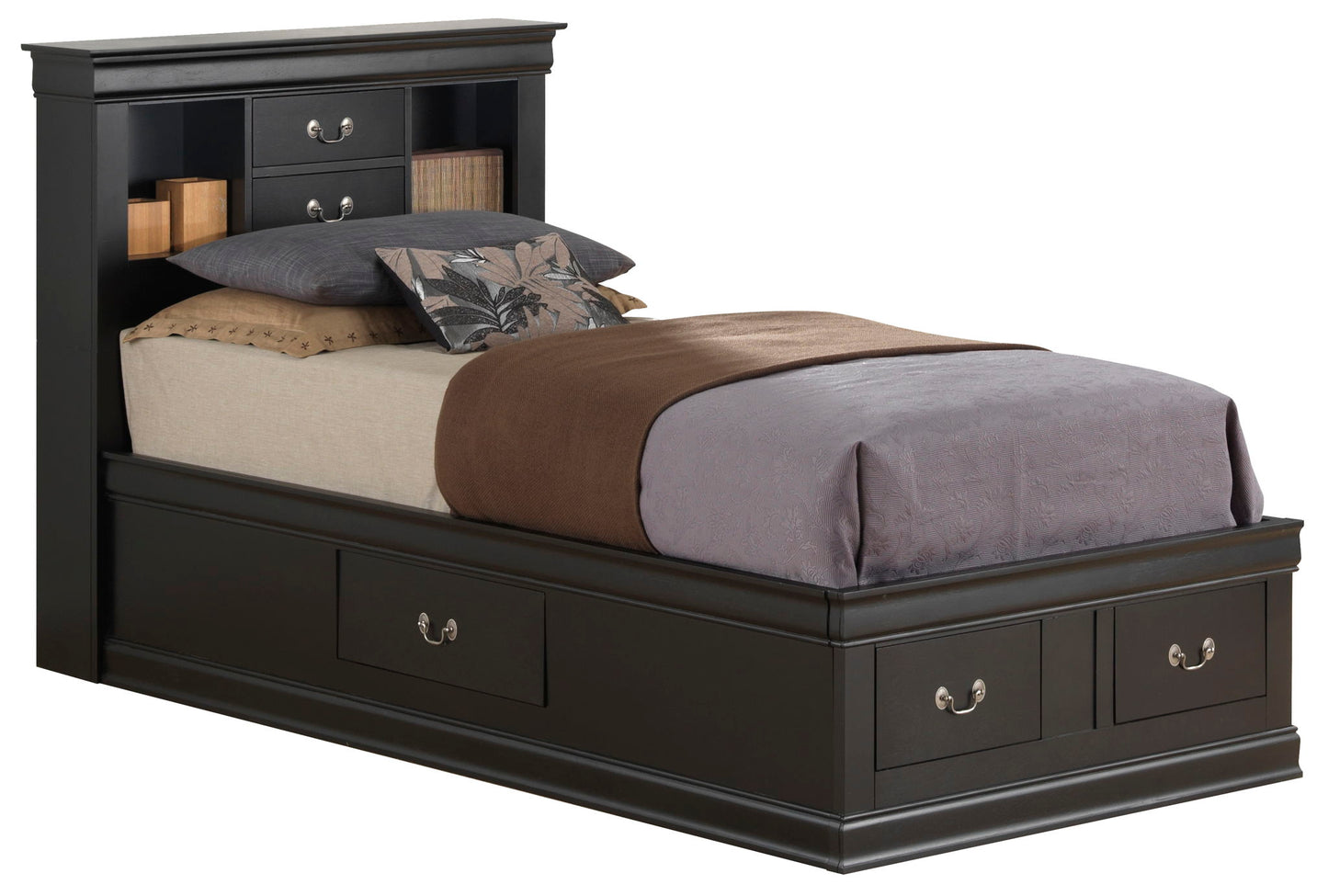 The Louis Phillipe - Bookcase Storage Bed is a black wooden twin bed featuring built-in storage drawers underneath and a bookcase headboard, neatly styled with beige and gray bedding plus decorative pillows.