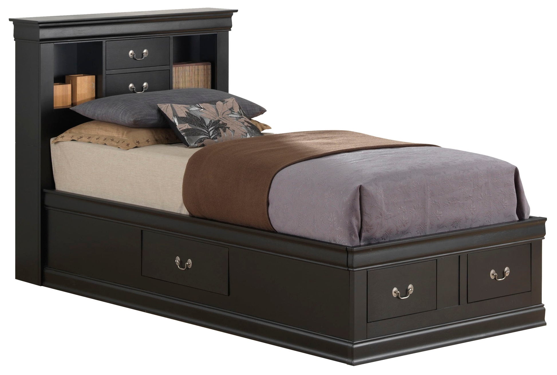 The Louis Phillipe - Bookcase Storage Bed is a black wooden twin bed featuring built-in storage drawers underneath and a bookcase headboard, neatly styled with beige and gray bedding plus decorative pillows.