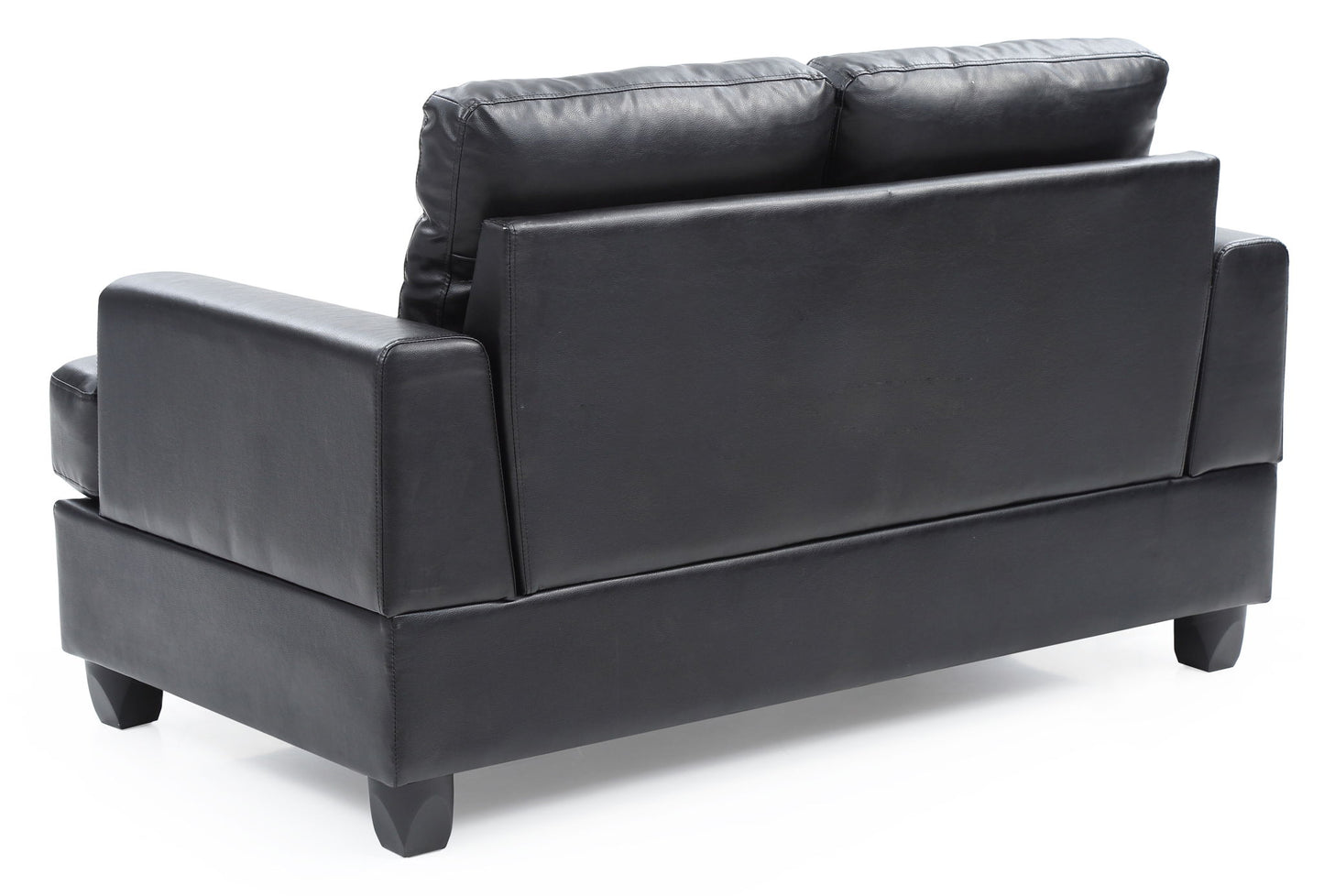 The Stylish Transitional Loveseat For Two in black leather is shown from the back, highlighting plush back cushions, wide armrests, and short sturdy legs.