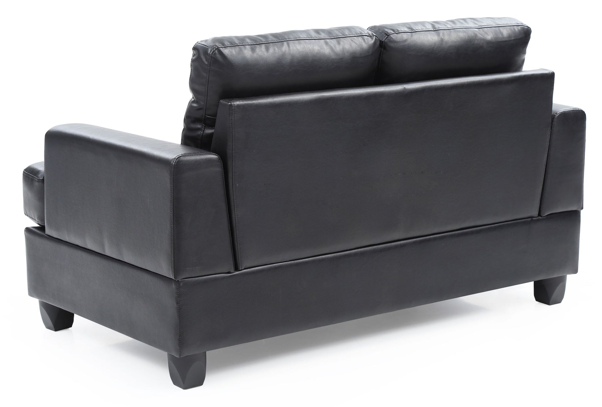 The Stylish Transitional Loveseat For Two in black leather is shown from the back, highlighting plush back cushions, wide armrests, and short sturdy legs.