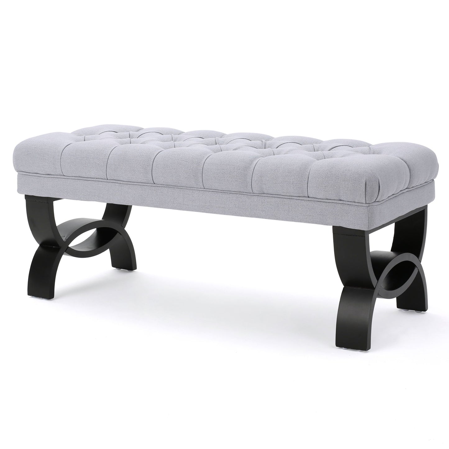 The Hilton - Ottoman Bench Classic Style features a tufted light gray upholstered cushion and curved black wooden legs, shown against a white background.