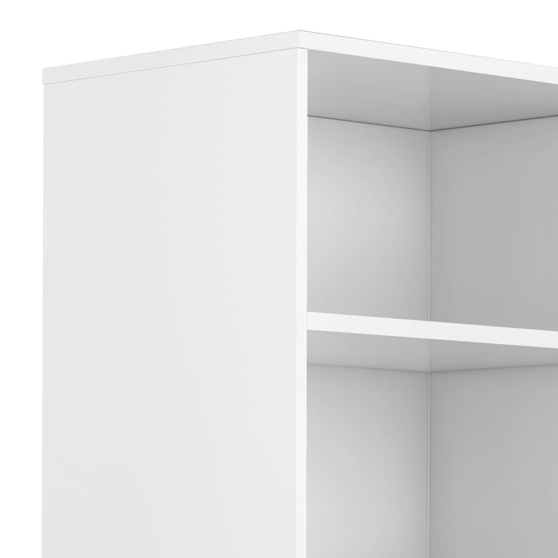 Close-up of the top section of the Harper - Handcrafted Bookcase With Storage, featuring a smooth white surface, minimalist design, and one horizontal shelf dividing two compartments for a simple, modern look.