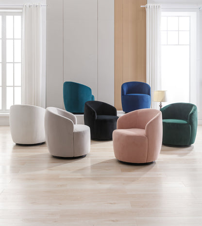Six Velvet Fabric Swivel Accent Armchair Barrel Chairs with Powder Coating Metal Rings, in white, gray, black, teal, navy blue, pink, and green, are arranged in a bright room with wood floors and large windows.