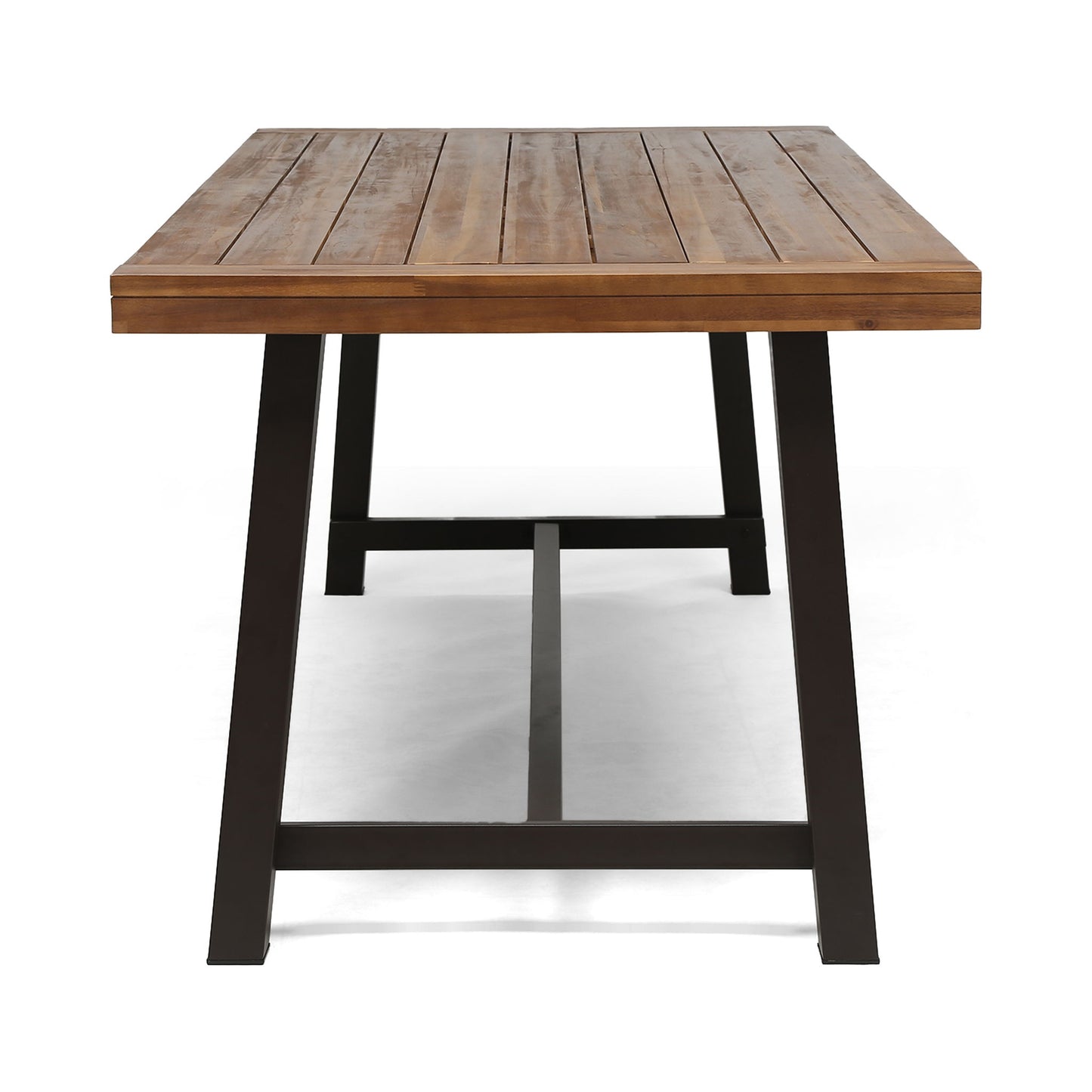 The Equilibrium Outdoor Dining Table features a slatted wooden top and sturdy black metal legs, shown from the short end against a plain white background.