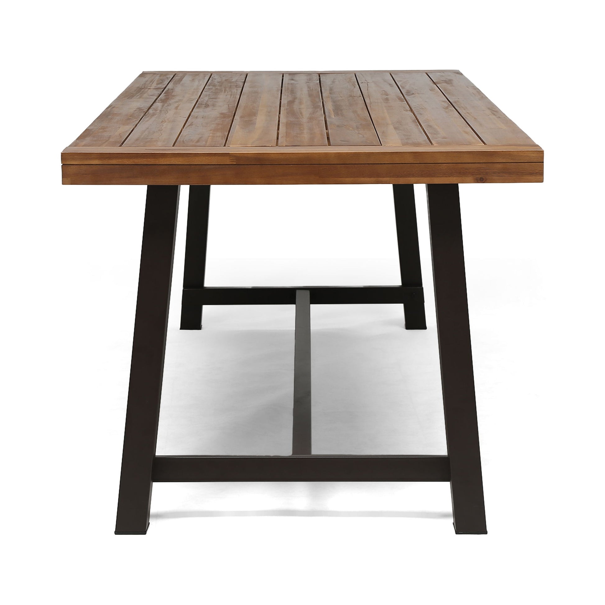 The Equilibrium Outdoor Dining Table features a slatted wooden top and sturdy black metal legs, shown from the short end against a plain white background.