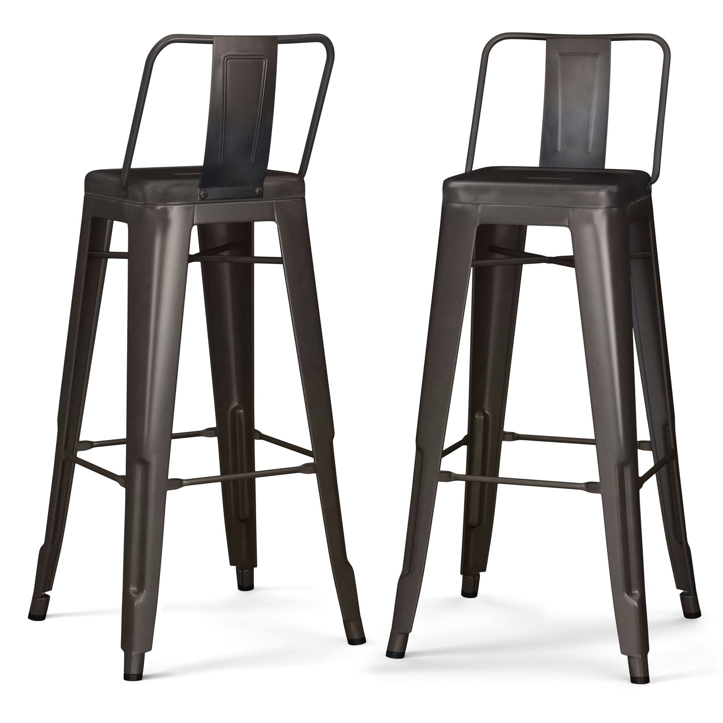 Two Rayne Multifunctional Metal Stools in tall black metal feature square seats, slim legs, footrests, and low backs. With a minimalist industrial design, the stools are shown side by side on a white background.