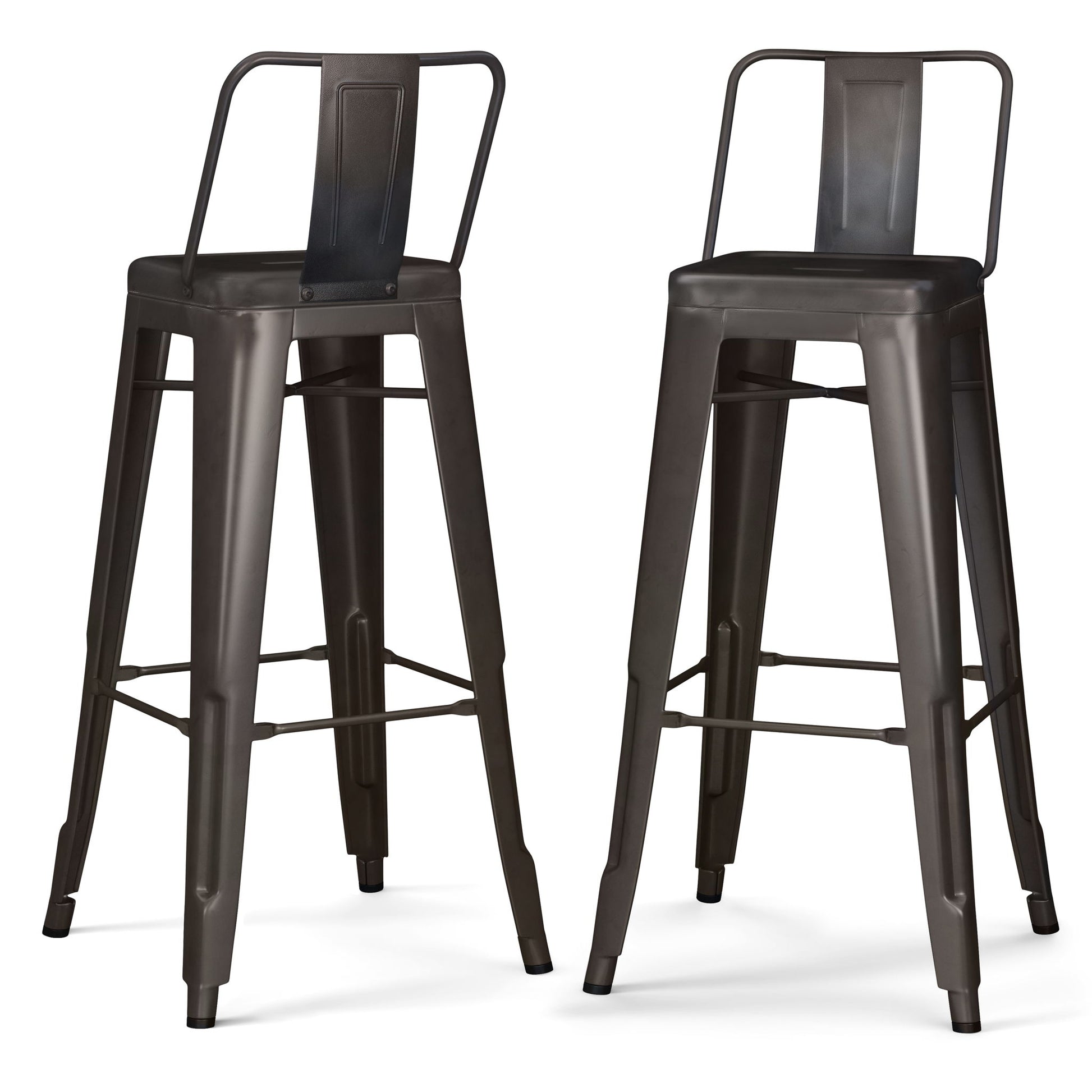 Two Rayne Multifunctional Metal Stools in tall black metal feature square seats, slim legs, footrests, and low backs. With a minimalist industrial design, the stools are shown side by side on a white background.