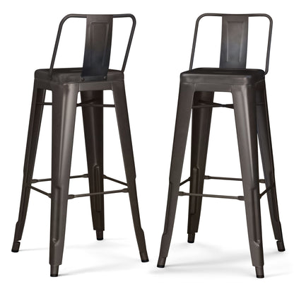 Two Rayne Multifunctional Metal Stools in tall black metal feature square seats, slim legs, footrests, and low backs. With a minimalist industrial design, the stools are shown side by side on a white background.