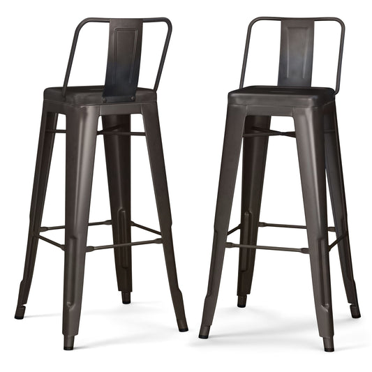 Two Rayne Multifunctional Metal Stools in tall black metal feature square seats, slim legs, footrests, and low backs. With a minimalist industrial design, the stools are shown side by side on a white background.