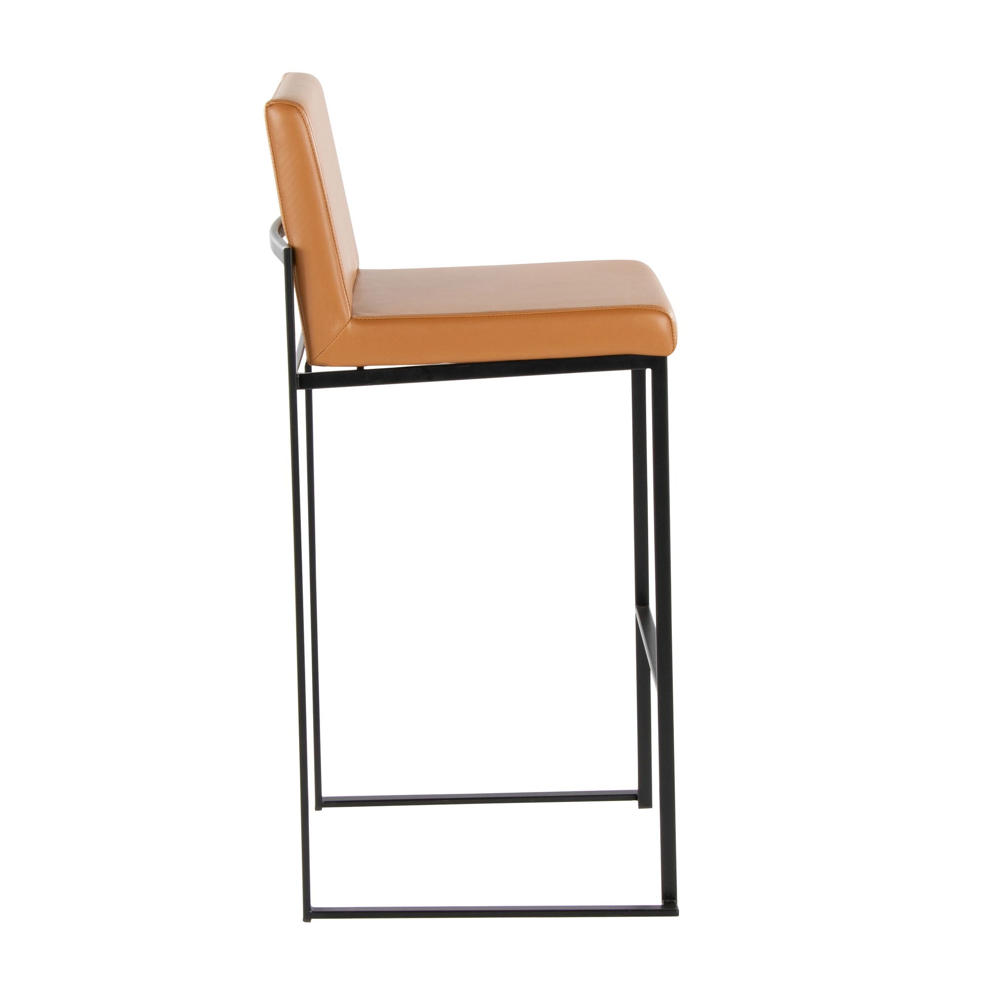 Side view of the Fuji - Contemporary High Back Barstool featuring an elegant tan leather seat and backrest, supported by a minimalist black metal frame.