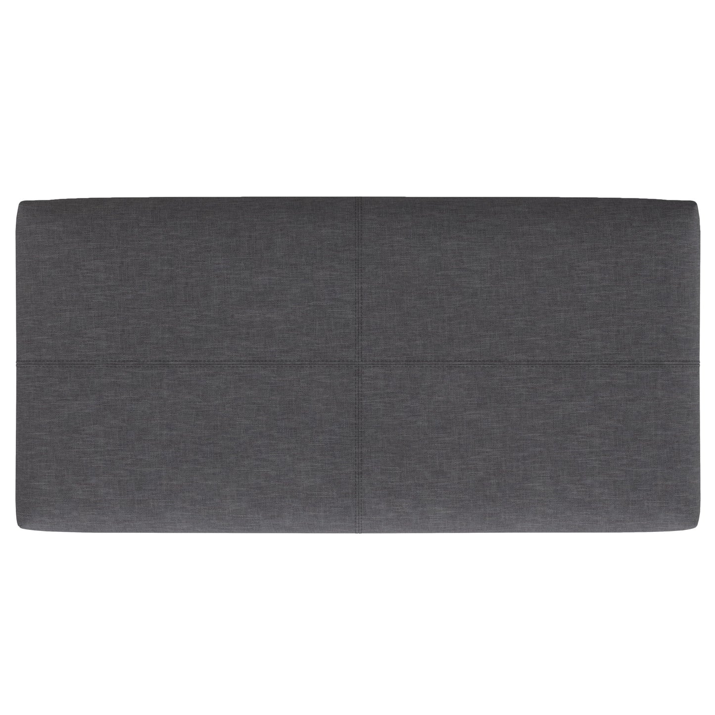 The Gabbie Coffee Table Upholstered Storage Ottoman features a rectangular shape, dark gray upholstery, and a simple, modern design with subtle horizontal and vertical seams dividing its surface into four sections.