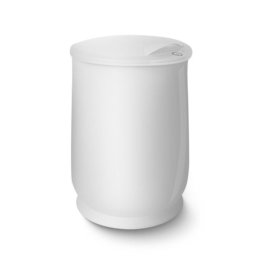 The Luxury Bucket Towel Warmer, in white, features a modern cylindrical design with a curved lid and top control buttons, fitting up to 2 oversized towels—perfect for stylish bathrooms.