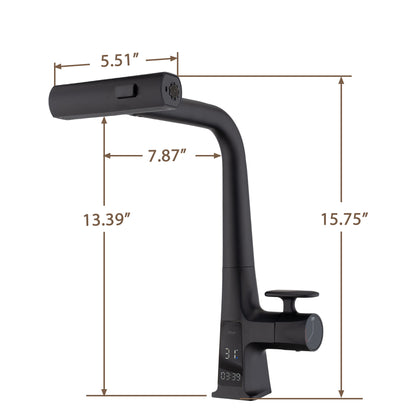 Modern Waterfall Kitchen Faucet With Temperature Display And Pull Down Sprayer, Zinc Construction - Matte Black