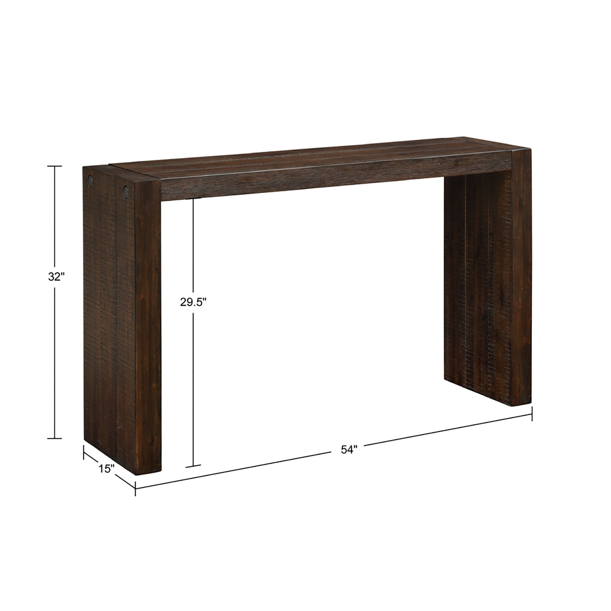The Modern Design Console Table features a dark brown finish, simple rectangular form, and measures 32"H x 54"W x 15"D with a 29.5" space between the legs.