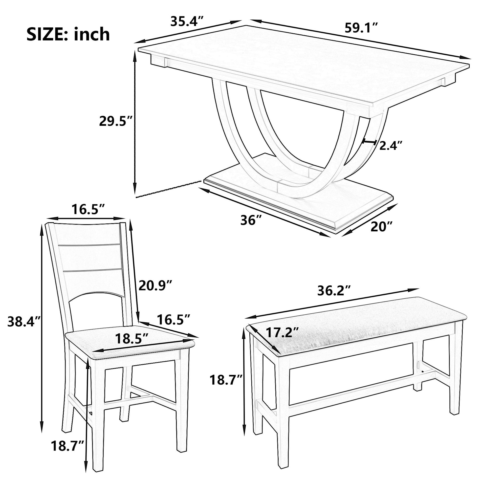 Black and white diagram of the Topmax 6 Piece Wood Half Round Dining Table Set: table (59.1"x35.4"x29.5"), chair (16.5"x18.1"x38.4"), and bench (36.2"x17.2"x18.7")—all measurements in inches shown for reference.​.
