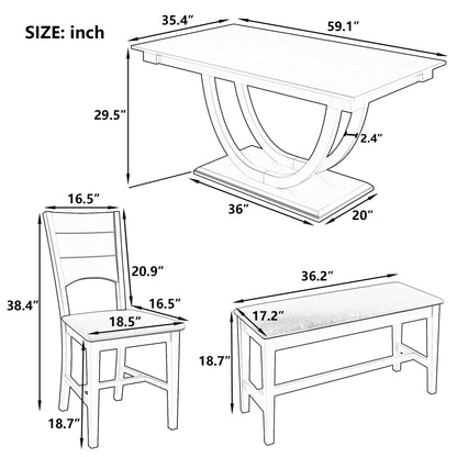 Black and white diagram of the Topmax 6 Piece Wood Half Round Dining Table Set: table (59.1"x35.4"x29.5"), chair (16.5"x18.1"x38.4"), and bench (36.2"x17.2"x18.7")—all measurements in inches shown for reference.​.