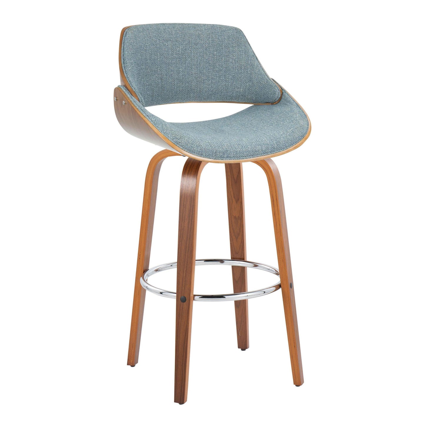 The Fabrizzi Mid Century Modern Fixed Height Barstool Set features a curved wooden frame, light blue upholstered seat and backrest, four angled wooden legs, and a round chrome footrest. Swivel function included. Set of 2.