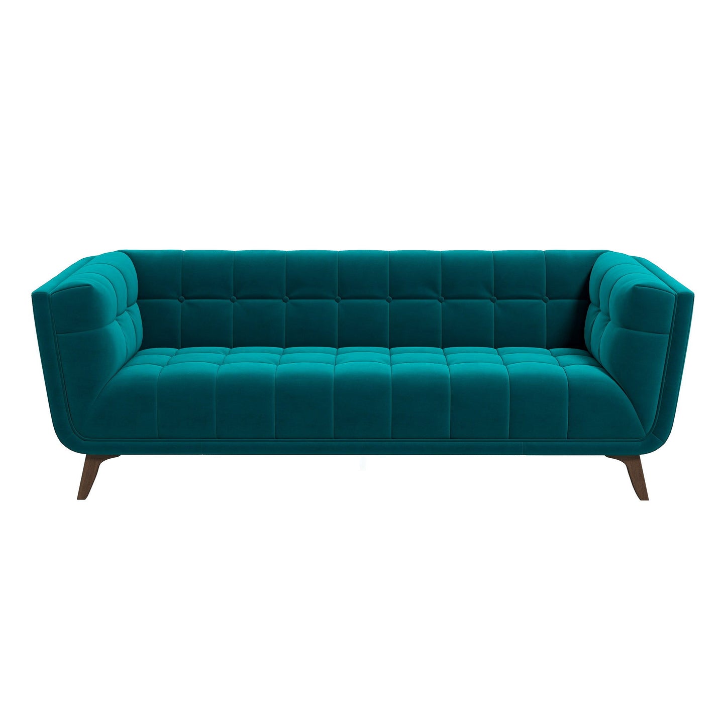 The Addison Mid-Century Modern Design Tufted Sofa in teal velvet features tufted cushions, angled armrests, and wooden legs, shown from the front against a white background.