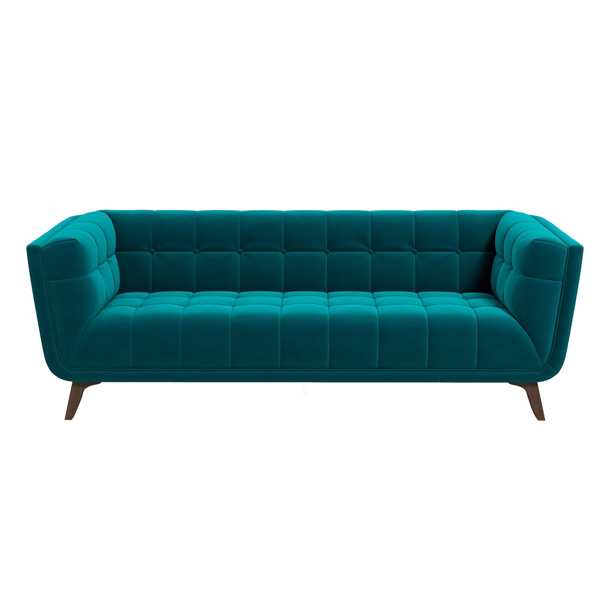 The Addison Mid-Century Modern Design Tufted Sofa in teal velvet features tufted cushions, angled armrests, and wooden legs, shown from the front against a white background.