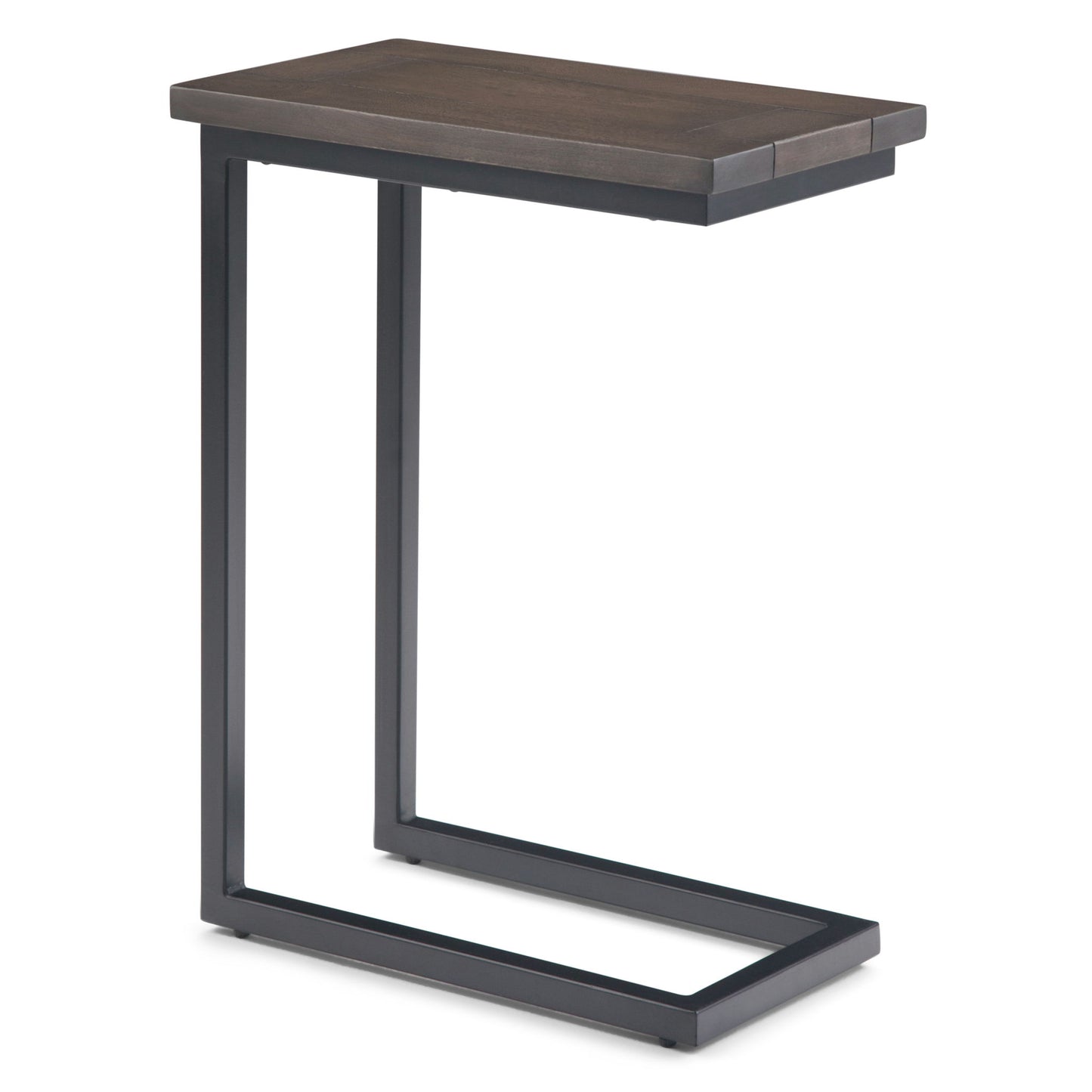 The Skyler - C Side Handcrafted Table features a dark wooden top and black metal frame in a modern C-shape, designed to conveniently slide under sofas or chairs for space-saving functionality.