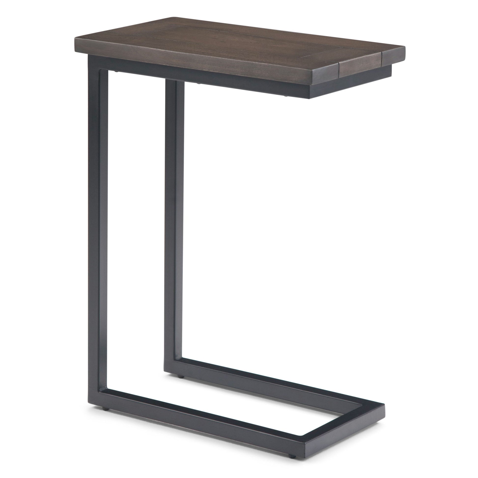 The Skyler - C Side Handcrafted Table features a dark wooden top and black metal frame in a modern C-shape, designed to conveniently slide under sofas or chairs for space-saving functionality.