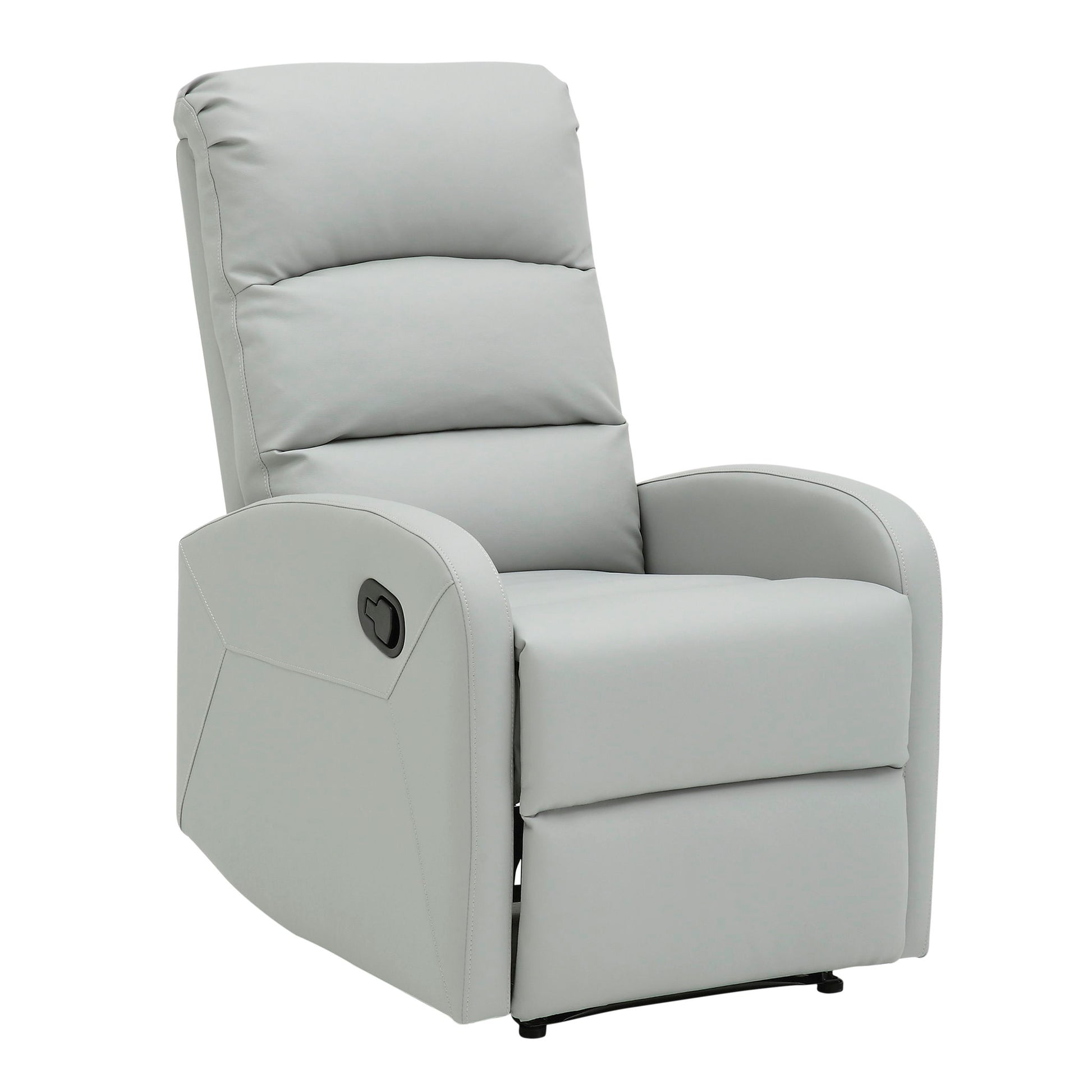 The Dormi - Contemporary Recliner Chair features a light gray finish, padded pillow-style cushioning, a high backrest, and a side reclining lever, all displayed against a white background.