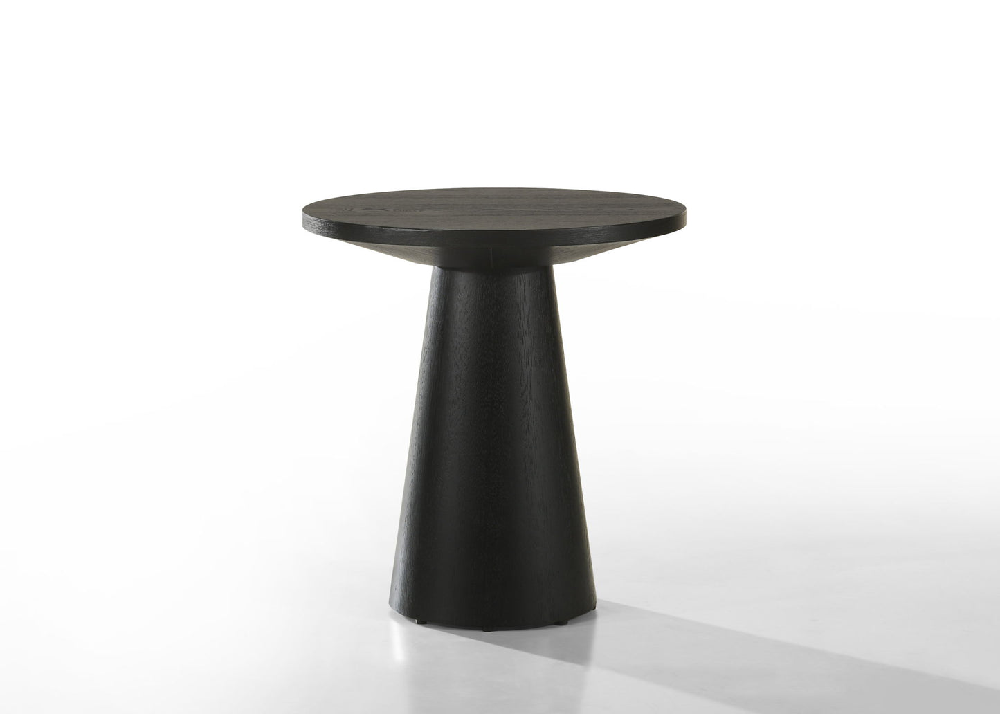 The Jasper 3-piece set features modern ebony black arm chairs and a console table, all with sleek, rounded designs and wide bases, displayed against a plain white background.