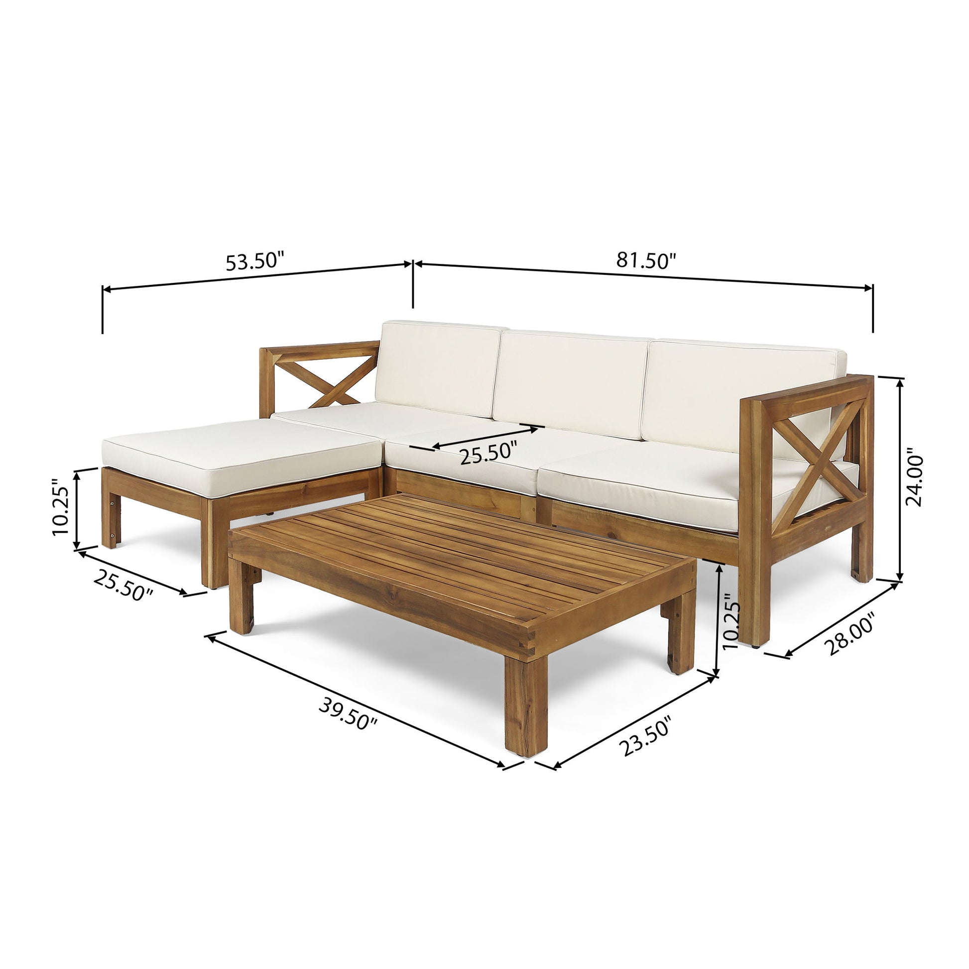 The Alcove L Shape Sofa Set includes a wooden outdoor sectional with cream cushions and a matching coffee table. Sofa: 81.5"W x 53.5"D x 24"H; Table: 39.5" x 23.5" x 10.25".