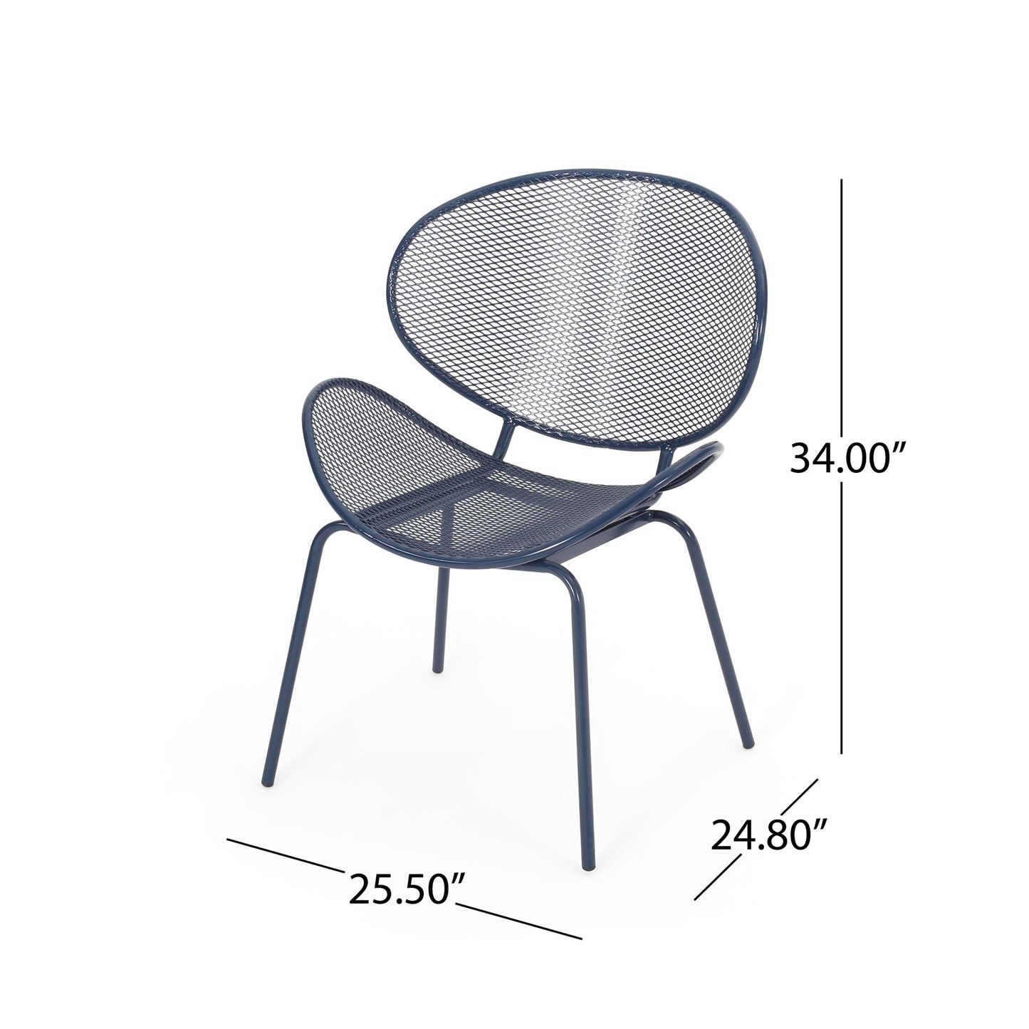 The Elba Contemporary Chair features a blue metal frame with a rounded mesh back and seat, four slender legs, and a modern design. Dimensions: 34"H x 25.5"D x 24.8"W. Perfect for outdoor relaxation.