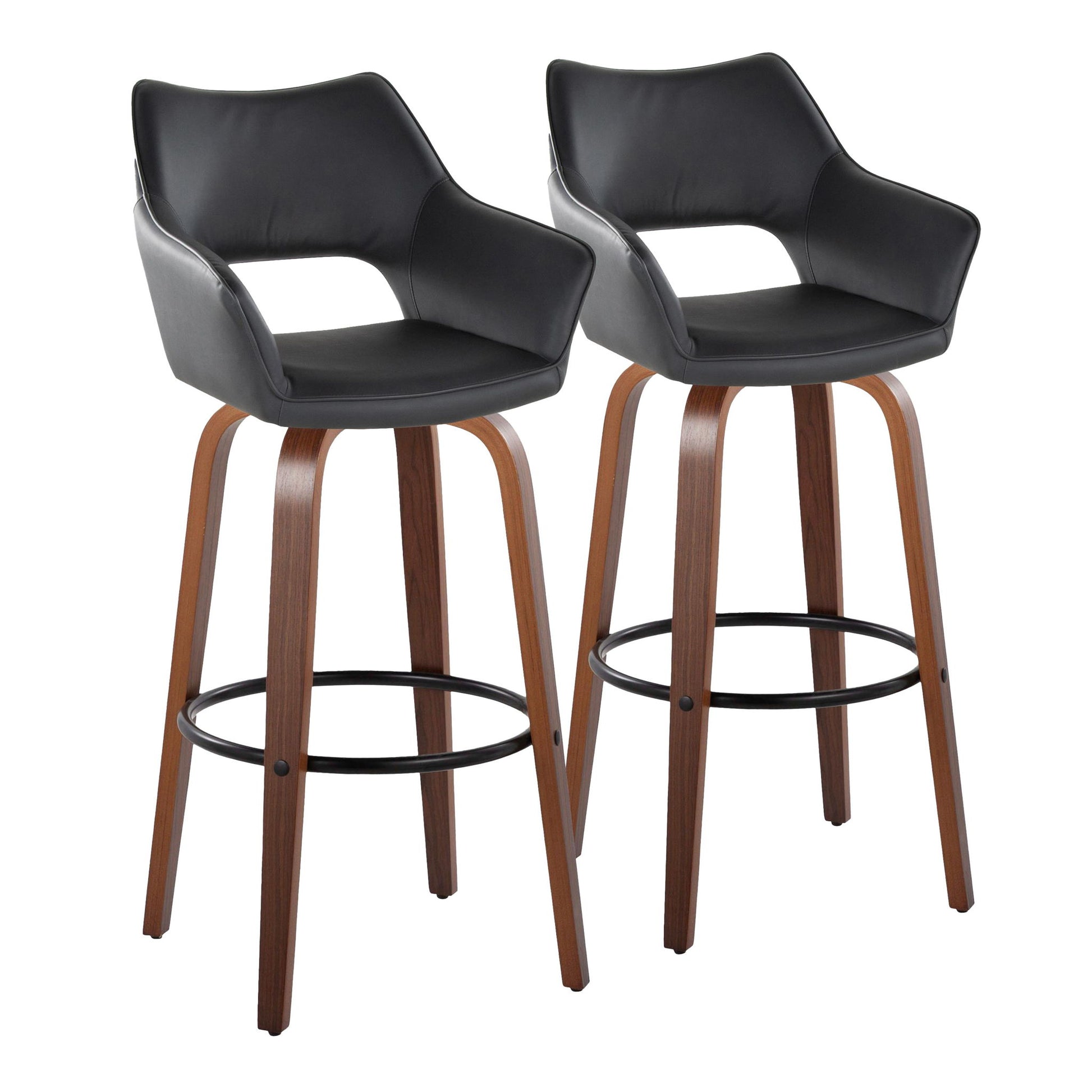 The Mustang set includes two contemporary fixed-height barstools with swivel seats, curved backrests, armrests, black cushions, wooden legs, and a round black metal footrest.