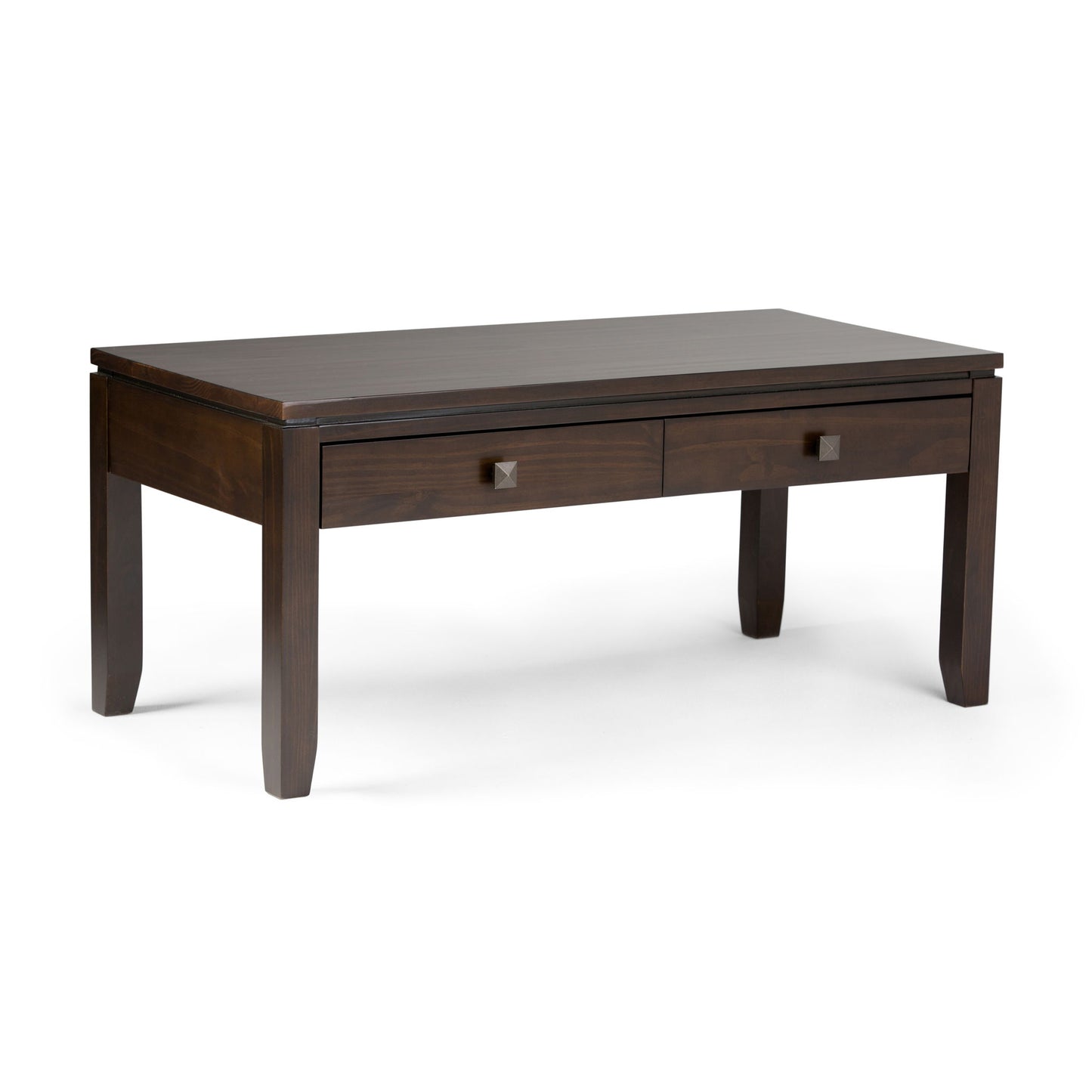 The Cosmopolitan Multipurpose Table features a dark brown rectangular wooden top, two drawers with square handles, and four sturdy legs, showcased against a white background.