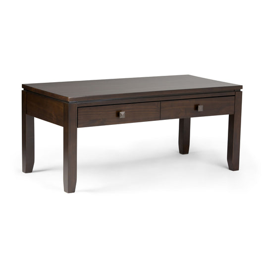 The Cosmopolitan Multipurpose Table features a dark brown rectangular wooden top, two drawers with square handles, and four sturdy legs, showcased against a white background.