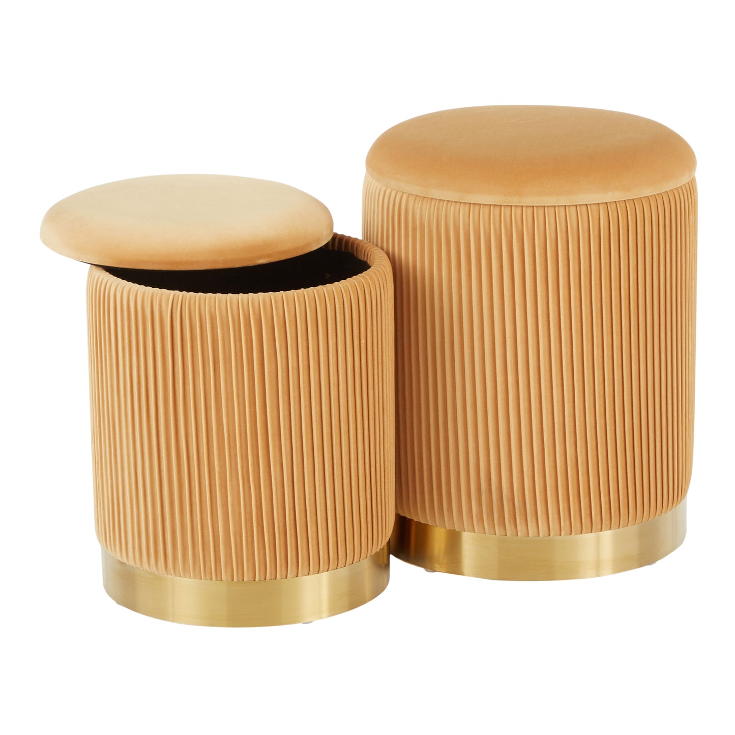 The Marla - Contemporary Nesting Pleated Ottoman Set features two tan cylindrical ottomans with ridged surfaces, padded tops, and round, removable lids for internal storage. The metallic gold bases enhance their modern stylish look.