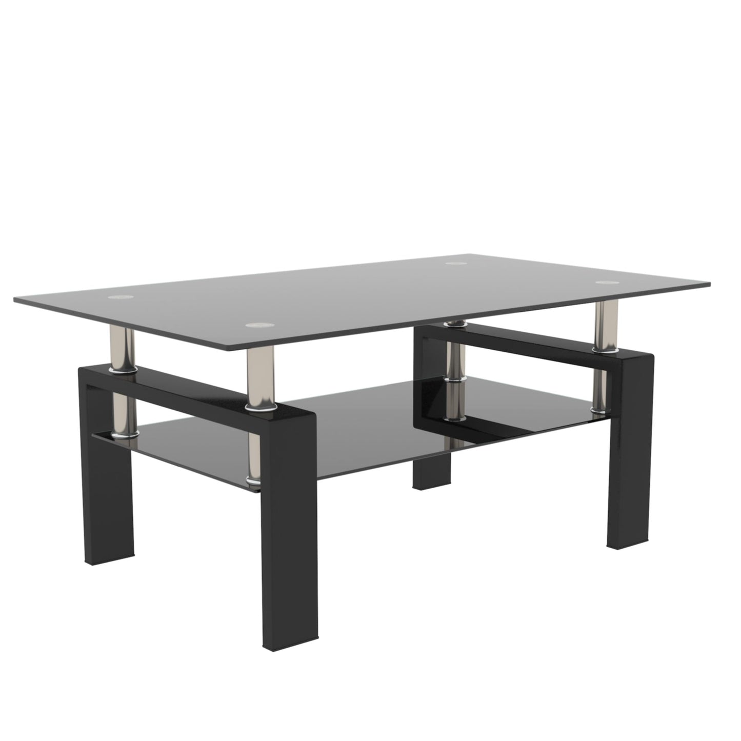 The Rectangle Coffee Table is a modern side center table featuring black legs, metal accents, and two glass surfaces—a top and a lower shelf—perfect for storage or display.
