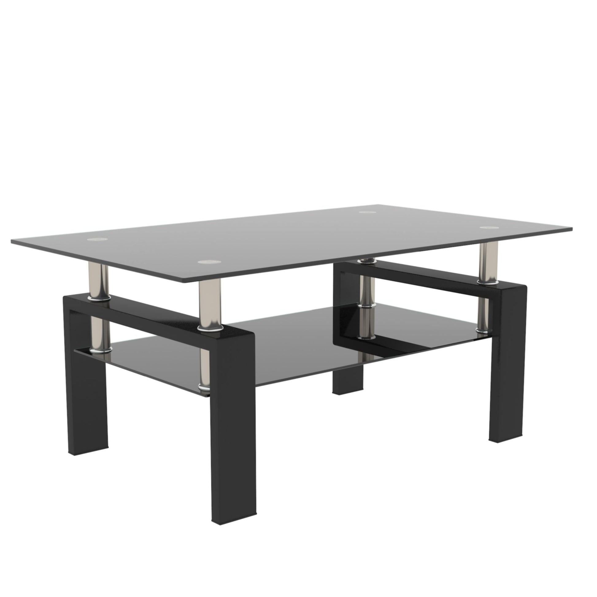 The Rectangle Coffee Table is a modern side center table featuring black legs, metal accents, and two glass surfaces—a top and a lower shelf—perfect for storage or display.