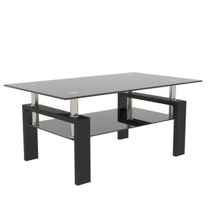 The Rectangle Coffee Table is a modern side center table featuring black legs, metal accents, and two glass surfaces—a top and a lower shelf—perfect for storage or display.