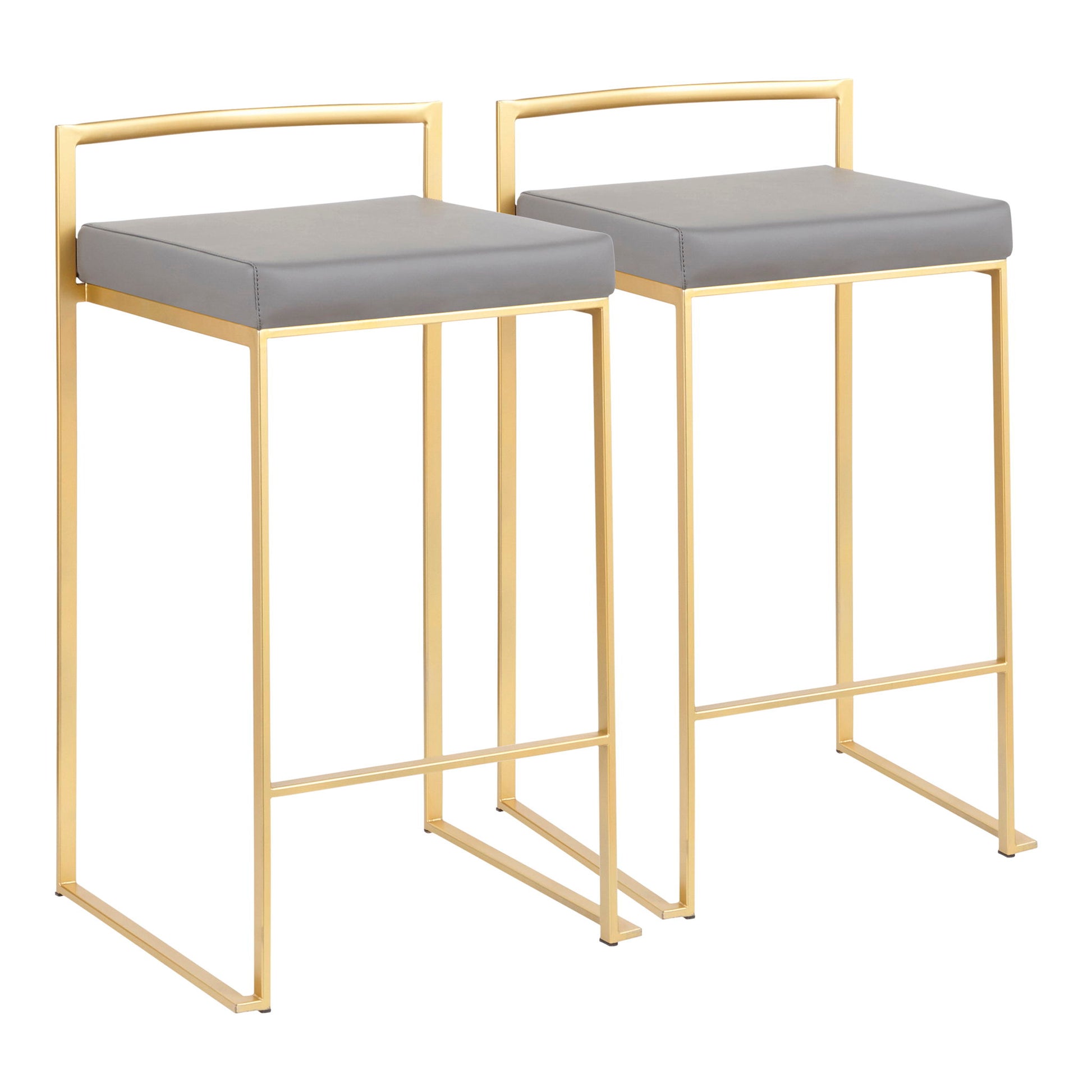 The Fuji - Contemporary / Glam Design Counter Stool (Set of 2) features gold metal frames, rectangular gray cushioned seats, minimalist backrests, and footrests for a modern and stylish look.