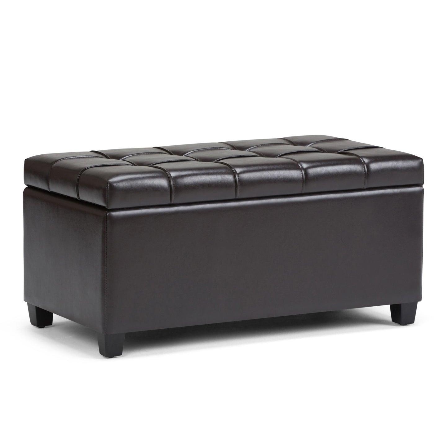 The Sienna Upholstered Storage Ottoman Bench features a rectangular, dark brown leather design with a tufted cushioned top and short legs, offering modern style and versatile use as seating or storage.