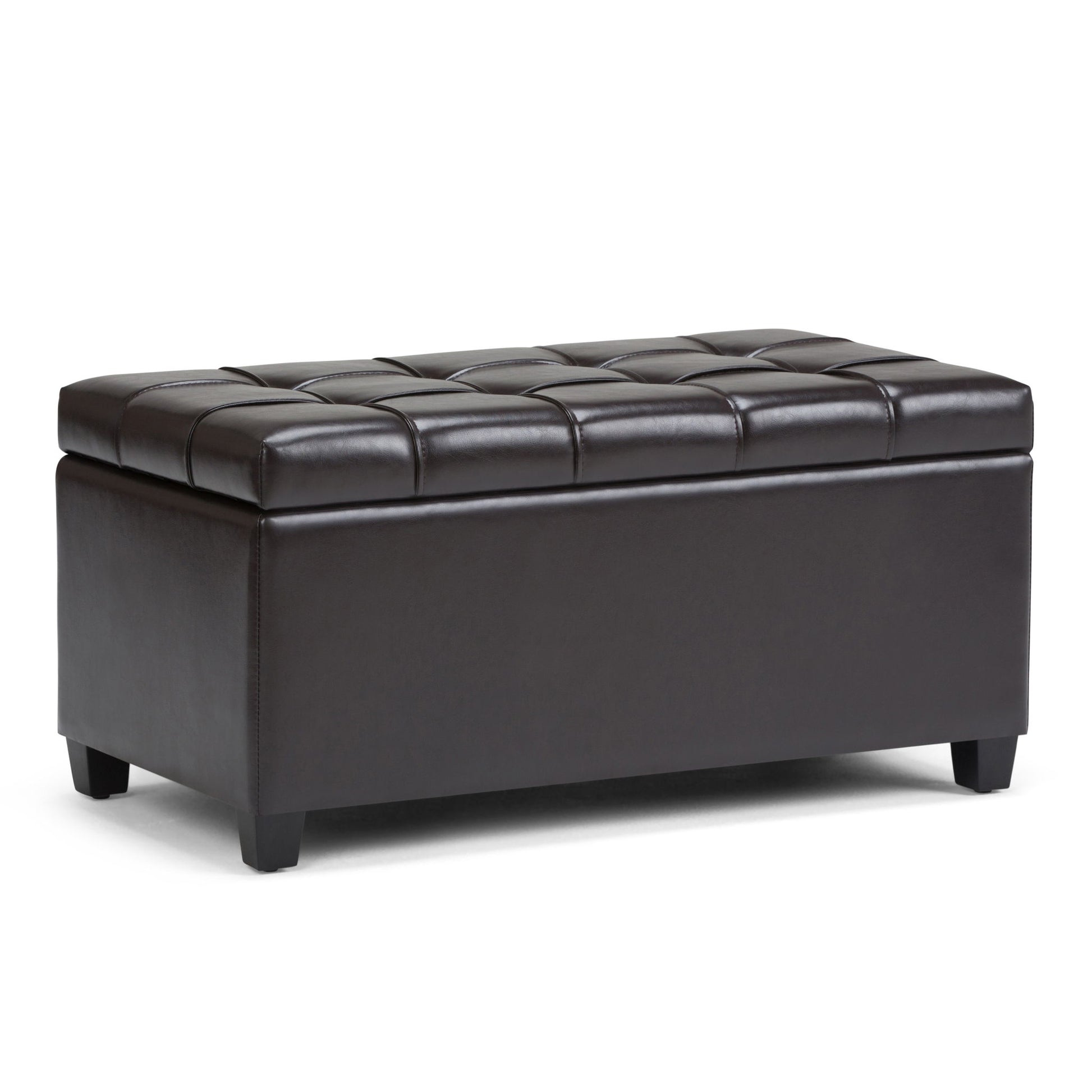 The Sienna Upholstered Storage Ottoman Bench features a rectangular, dark brown leather design with a tufted cushioned top and short legs, offering modern style and versatile use as seating or storage.