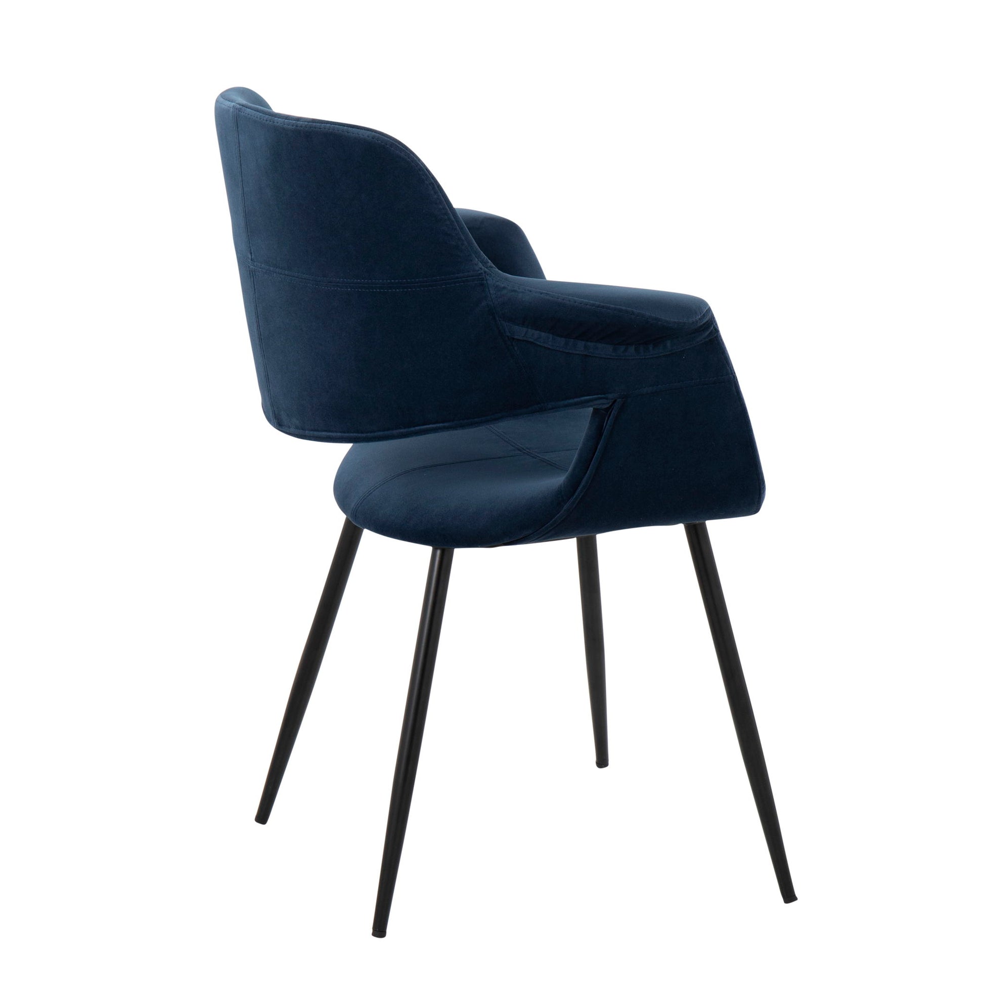 The Vintage Flair - Glam, Art Deco Chair (Set of 2) features dark blue upholstery, a curved backrest, slim armrests, and four black metal legs, displayed against a white background.