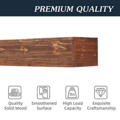 A close-up of the Rustic Wood Fireplace Mantel with "PREMIUM QUALITY" above. Below are icons and phrases: Solid Wood Construction, Smooth Surface, High Load Capacity, and Expertly Crafted Design.